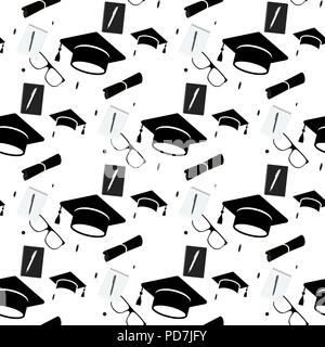 Tappo di graduazione e diploma di scorrimento sfondo senza giunture. Istruzione superiore celebrazione anniversario modello di simbolo. Bianco e nero sfondo texture. Vettore illustrazione di contorno Illustrazione Vettoriale