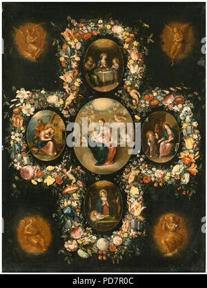 Andries Daniels e Frans Francken (II) - La Vergine e il bambino con scene della vita di Cristo, nel dipinto ovale circondato da una ghirlanda di fiori con musica angeli en brunaille. Foto Stock