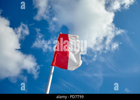 Bandiera polacca contro il cielo blu in una giornata di sole. Foto Stock