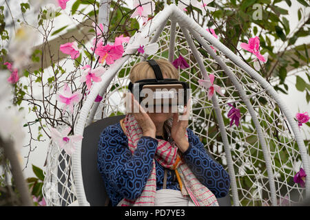 Donna che indossa le cuffie VR, seduto al posto di guida tra i fiori in realtà virtuale esperienza di orchidee - RHS Chatsworth Flower Show, Derbyshire, Inghilterra, Regno Unito. Foto Stock