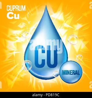 Cu Cuprum vettore. Blu minerale Drop Icona. Vitamina gocciolina di liquido e la relativa icona. Sostanza per la bellezza, Cosmetica, Heath Promo Annunci Design. 3D complesso minerale con formula chimica. Illustrazione Illustrazione Vettoriale