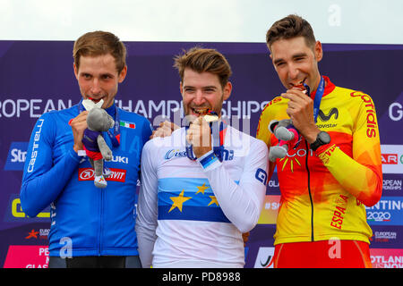 Cathkin Braes, Glasgow, Regno Unito. Il 7 agosto, 2018. Gli uomini di cross country mountain bike processi tenuti su Cathkin bricchi, sul lato sud di Glasgow è stato vinto da LARS FORSTER (sui) contro un campo di 59 piloti internazionali. In secondo luogo è stato LUCA BRAIDOT, in Italia e in terzo luogo era SERRANA DAVID VALERO dalla Spagna. Credito: Findlay/Alamy Live News Foto Stock