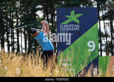 Gleneagles, Scotland, Regno Unito; 7 Agosto, 2018. Giorno di pratica a Gleneagles per i Campionati Europei 2018. Nella foto Callum Shinkwin tee-shot al nono foro Credito: Iain Masterton/Alamy Live News Foto Stock