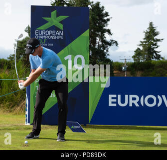 Gleneagles, Scotland, Regno Unito; 7 Agosto, 2018. Giorno di pratica a Gleneagles per i Campionati Europei 2018. Callum Shinkwin il colpo al decimo Credito: Iain Masterton/Alamy Live News Foto Stock