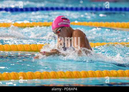 7 agosto 2018, Tollcross International centro nuoto, Glasgow, Scozia; Glasgow 2018 Unione Nuoto Campionati; Yuliya Efimova (RUS) durante la 200m Finale a rana Foto Stock