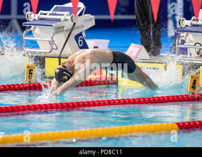 7 agosto 2018, Tollcross International centro nuoto, Glasgow, Scozia; Glasgow 2018 Unione Nuoto Campionati; Christian Diener (GER) avvia il 200m dorso semi-finale Foto Stock