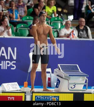 7 agosto 2018, Tollcross International centro nuoto, Glasgow, Scozia; Glasgow 2018 Unione Nuoto Campionati; Alessandro Pinzuti (ITA) si prepara per il 50m a rana semi-finale Foto Stock