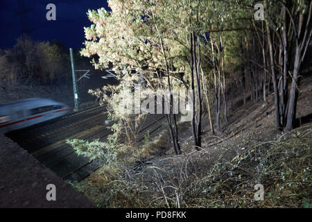 Siegburg Germania. 08 Ago, 2018. Dopo un incendio su un terrapieno della linea di ghiaccio vicino a Siegburg, un treno ICE passa il luogo dell'incendio. Numerose persone sono state ferite nel fuoco. Credito: Thomas Frey/dpa/Alamy Live News Foto Stock