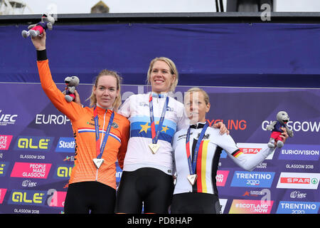 Glasgow, brevetto statunitense n. 8 agosto 2018. Anna Van der Breggen (Paesi Bassi),Ellen van DIJK (Paesi Bassi)e Trixi Worrack (Germania) durante il ciclismo su strada Campionati Europei Glasgow 2018, nel centro della città di Glasgow e aree metropolitane della Gran Bretagna, il giorno 7 e il giorno 8 agosto 2018 - Photo Laurent Lairys / DPPI Credito: Laurent Lairys/Agence Locevaphotos/Alamy Live News Foto Stock