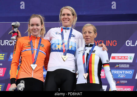 Glasgow, brevetto statunitense n. 8 agosto 2018. Anna Van der Breggen (Paesi Bassi),Ellen van DIJK (Paesi Bassi)e Trixi Worrack (Germania) durante il ciclismo su strada Campionati Europei Glasgow 2018, nel centro della città di Glasgow e aree metropolitane della Gran Bretagna, il giorno 7 e il giorno 8 agosto 2018 - Photo Laurent Lairys / DPPI Credito: Laurent Lairys/Agence Locevaphotos/Alamy Live News Foto Stock