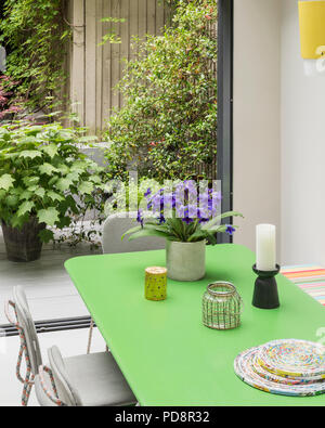 Custom verde-tavola dipinta da Tom Dixon e sedie da Moooi con viola houseplant.