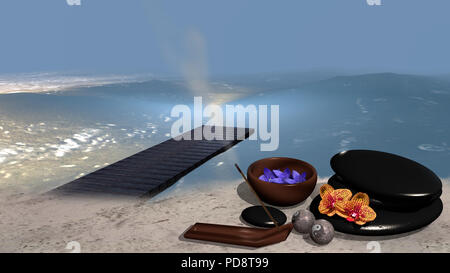 Mare con una spiaggia sabbiosa da cui un pontile che va in acqua nella sabbia è una ciotola di fiori, un tumulo di pietre pomice, Cinese Qi Gong sfere, un i Foto Stock