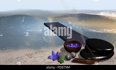 Mare con una spiaggia sabbiosa da cui un pontile che va in acqua, di fronte è una ciotola di fiori viola, un tumulo di pietre pomice, un Incenso stick Foto Stock