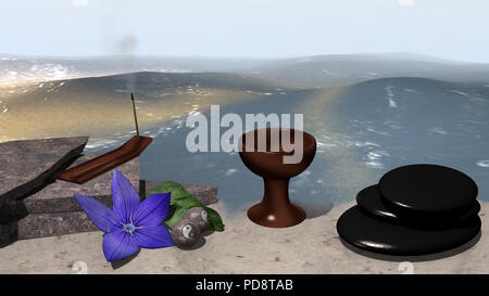 Mare con spiaggia di sabbia e macerie su cui un incenso e un imporpori fiore con foglie di colore arancione e il cinese Qi Gong le sfere si trovano di fronte ad esso. Accanto a i Foto Stock