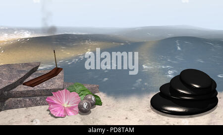 Mare con spiaggia di sabbia con pietre di macerie su cui sorge un bastoncino di incenso e un fiore rosa con foglie di colore arancione e il cinese Qi Gong le sfere si trovano di fronte i Foto Stock