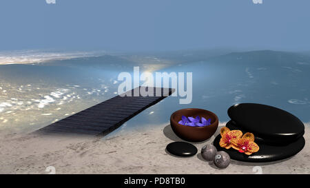 Mare con una spiaggia sabbiosa da cui un pontile che va in acqua, in cui un vaso di fiori, un tumulo di pietre pomice, Cinese del Qigong di sfere e orchid f Foto Stock