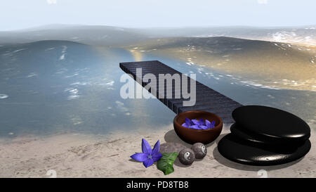 Mare con una spiaggia sabbiosa da cui un pontile che va in acqua, di fronte è una ciotola di fiori viola, un tumulo di pietre pomice e cinese Qi Gon Foto Stock