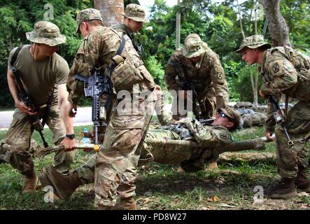 Stati Uniti I soldati dell esercito condotta tattica di casualty esercitazione di evacuazione durante la Guerra nella Giungla a scuola Achiase Base Militare, Akim Achiase, Ghana, 6 agosto 2018, 6 agosto 2018. La Guerra nella Giungla Scuola è una serie di situazionale esercizi di formazione progettate per formare i partecipanti in counter-insorgenza interna e delle operazioni di protezione. (U.S. Foto dell'esercito da Staff Sgt. Brandon Ames). () Foto Stock