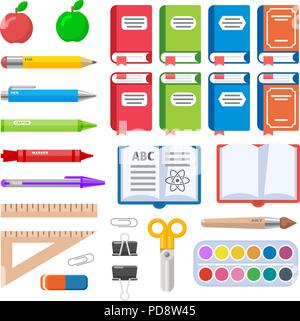 Libri piatta spazzola penne marcatori e matite colorate Illustrazione Vettoriale
