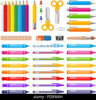 Varietà di penne a colori marker matite e pastelli Illustrazione Vettoriale