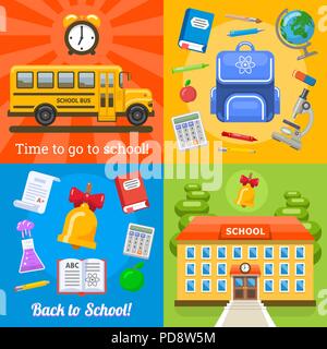 Il tempo di andare a scuola quattro banner Illustrazione Vettoriale