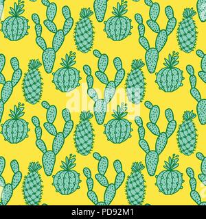 Impostare disegnati a mano cactus. Modello senza giunture. Illustrazione di vettore isolato su giallo Illustrazione Vettoriale