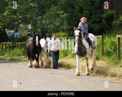 Giovani femmine bareback rider in difficoltà a cavallo sul Fair Hill in mezzo alle folle a Appleby annuale fiera cavalli a Appleby in Westmorland Cumbria Inghilterra England Foto Stock