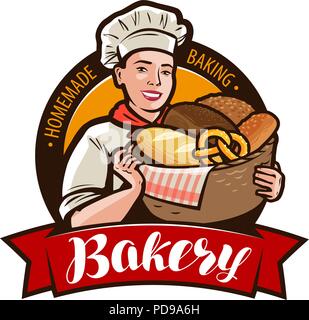 Panificio, bakeshop logo o etichetta. donna baker tenendo un cesto di vimini pieno di pane Illustrazione Vettoriale