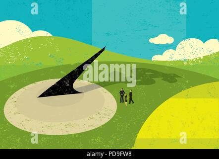 Il tempo è denaro. La gente di affari guardando un enorme orologio solare rendersi conto che " il tempo è denaro". Illustrazione Vettoriale