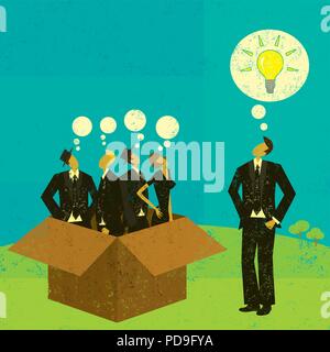 Il pensiero al di fuori della scatola. La gente di affari di pensare in scatola e un pensatore indipendente coming up con un'idea al di fuori della scatola. Illustrazione Vettoriale