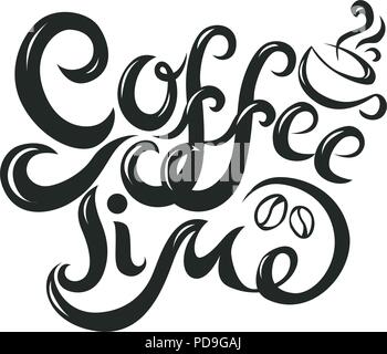 Tempo di caffè frase banner calligrafia moderna caratteri scritti a mano il testo nero isolato su sfondo bianco vettore. Illustrazione Vettoriale