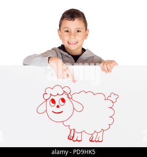 Ragazzo che mostra una lavagna bianca con disegno di ovini - celebrare Eid ul Adha - Felice Festa Foto Stock