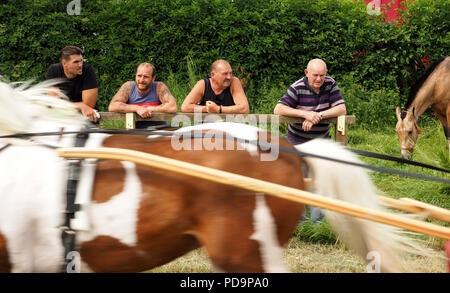 4 Maschi gypsy spettatori guardando il cavallo e la gara di trap passato all'annuale Appleby Horse Fair in Appleby-in-Westmoreland, Cumbria, England, Regno Unito Foto Stock