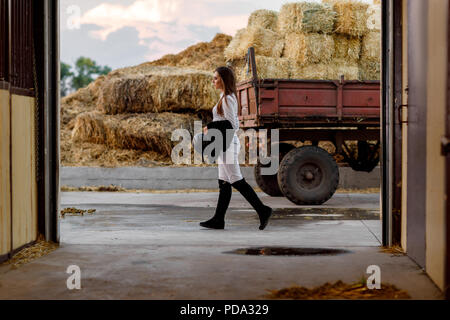 Rider donna cammina passato stabile dopo la formazione Foto Stock