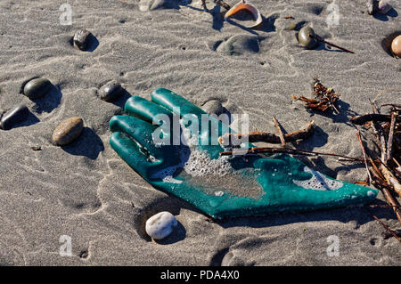 Verde guanto di gomma lavata fino su una spiaggia in Nuova Zelanda West Coast Foto Stock