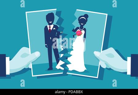 Crisi nel rapporto e il concetto di divorzio. Foto di gruppo di giovani sposi tagliato a metà come simbolo del conflitto, un amore infelice. Illustrazione Vettoriale. Illustrazione Vettoriale