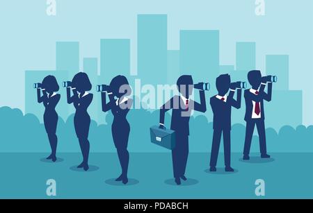 La visione aziendale concetto. Vettore di un business di uomini e donne alla ricerca di un successo cercando in direzioni opposte. Illustrazione Vettoriale