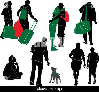 Sagome di turisti in diverse situazioni. Illustrazione Vettoriale