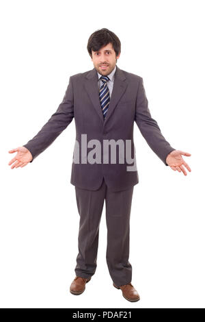Imprenditore in attesa, corpo pieno isolati su sfondo bianco Foto Stock
