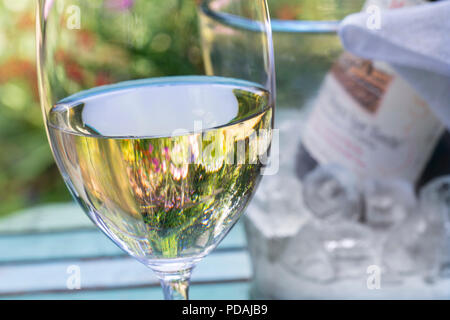 Bicchiere di vino bianco sul tavolo all'aperto della terrazza con bottiglia e cubetti di ghiaccio, vino fresco dietro nel giardino floreale, degustazione estiva Foto Stock