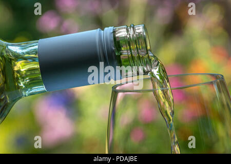 Vino che si versa all'aperto bicchiere di vino bianco in giardino fiorito soleggiato situazione di degustazione Foto Stock