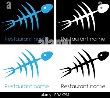 Lo scheletro di pesce da un cucchiaio e forchetta sea food logo minimalista Illustrazione Vettoriale
