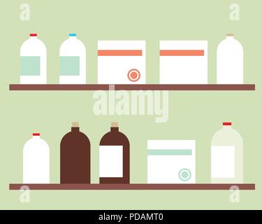 Semplice design piatto ripiano per la medicina con le bottiglie e i box con etichetta, isolata sulla parete verde - vettore Illustrazione Vettoriale