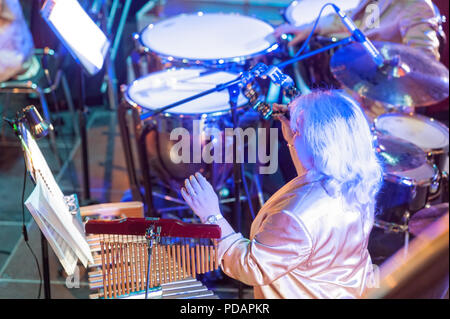 Tyumen, Russia - 16 Aprile 2014: Concorso di giovani artisti la canzone non conosce alcun limite nel teatro drammatico. Orchestra con strumenti musicali. Woma Foto Stock