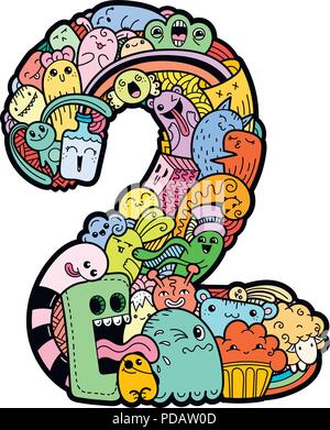 Il numero due. Disegnata a mano doodled kids numeri. Carino monstred numeri, simboli matematici. Illustrazione Vettoriale per il web, design, decorazione, istruzione, stampe, Illustrazione Vettoriale