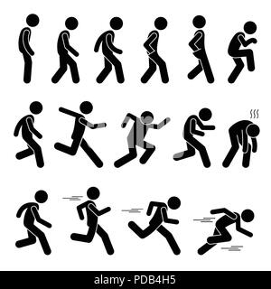 Varie uomo umano la gente camminare in esecuzione Runner pone posture modi Stick figura Stickman pittogramma icone Illustrazione Vettoriale