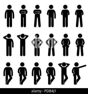 Varie base umana permanente uomo Corpo persone Lingue pone posture Stick figura Stickman pittogramma di set di icone Illustrazione Vettoriale