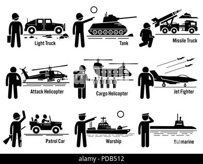 I VEICOLI MILITARI ESERCITO soldato Set di trasporto Illustrazione Vettoriale