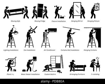 L'installazione di Home infissi e decorazioni per la casa icone. Pittogramma raffigura l'installazione di home infissi, spostando l'arredamento e la decorazione di spazio abitativo. Illustrazione Vettoriale