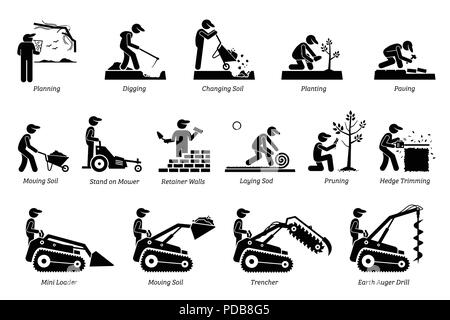 Paesaggio e orticoltura icone. Le icone mostrano il giardiniere e giardiniere le attività lavorative nel giardino prato. Illustrazione Vettoriale